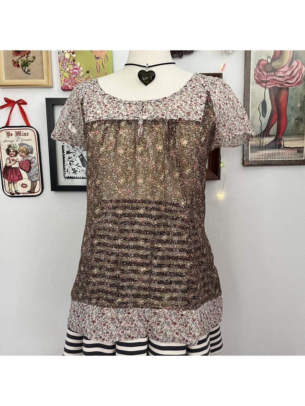 Vintage Y2K Fairycore Sheer Floral Babydoll Top XL